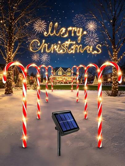 1 Set Christmas Candy Cane Solar Pathway Lights, Warm White LED Outdoor Stake Lights For Yard Lawn Garden Walkway Driveway Front Porch, Solar Christmas Lights Outdoor, Xmas Lawn Decorations, Garden Border Lights For Holiday Party Home Decor