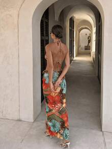 HOTTIE HABIT 女款 3 件組熱帶花卉比基尼套裝，掛脖上衣、海星裝飾、高腰泳褲與印花罩衫洋裝，海灘度假泳衣 - 彩色 - 查看 5