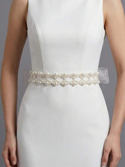 1pc Women's Elegant Faux Pearl Braided Waist Belt, Sweet Ribbon Tie Decor Waist Chain, Suitable For Dresses And Party Gowns, Vintage Faux Pearl Bridal Waist Belt, Elegant Semi-Transparent Tie Bow Waist Chain, Exquisite Accessory For Wedding Dress, Bridesmaid Dress