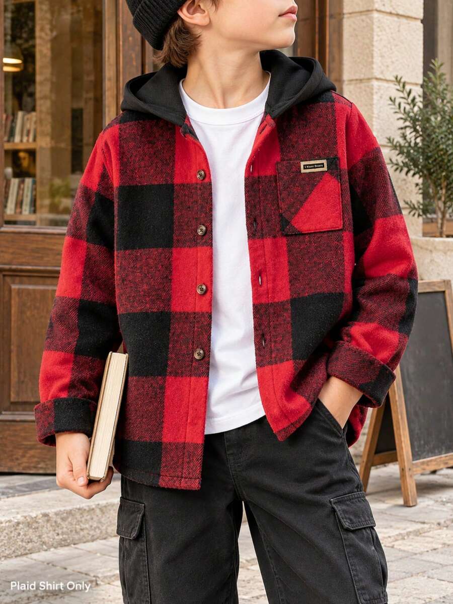 Tween Boy Kids Casual Versatile Red & Black Plaid Letter Patchwork Hooded Jacket, Suitable For Holidays, Travel, Vacation, Parties And Other Activities - Red - View 1