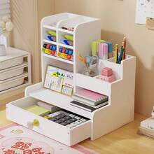 1pc Multifunctional Desktop Storage Box DIY Pen Holder, Stationery Organizer, Large Capacity, Pen Box With Drawer, Suitable For Home, Office And School, Suitable For Students, Plastic Design, Assembly Required, Suitable For Graduation Gift - White - View 9