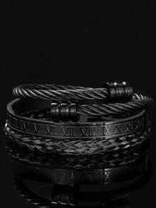 3pcs/Set Fashionable Creative Stainless Steel Woven Roman Numeral Bracelet For Men, Suitable For Daily Wear, Party, Gift For Boyfriend - Multicolor - View 6
