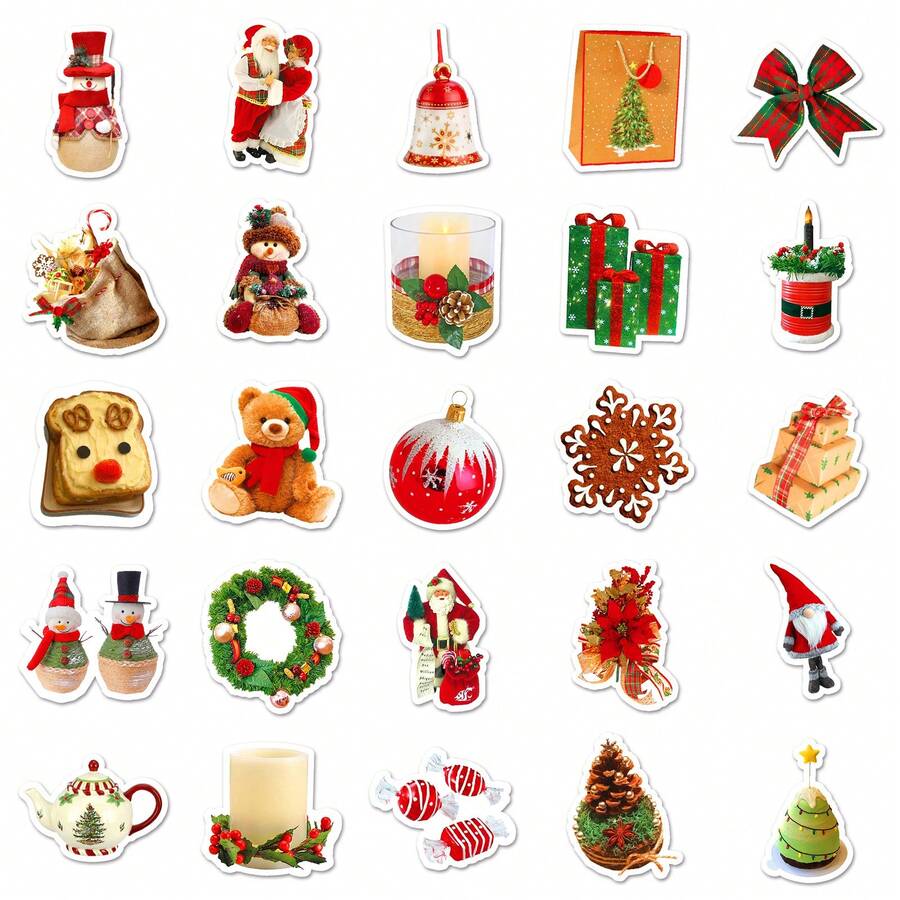 50pcs Mixed Christmas Element Pattern Stickers, Self-Adhesive Stickers, Suitable For Water Bottles, Laptops, Skateboard Decoration - Multicolor - View 1