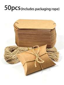 50 buah Kotak Permen Bantal Kertas Kraft, Kotak Hadiah Lipat dengan Tali Rami 20m, Cocok untuk Penyimpanan Perhiasan, Pernikahan, Ulang Tahun, Liburan, dan Acara Lainnya. - Kotak Kemasan Bantal Bulan Ganda - View 9