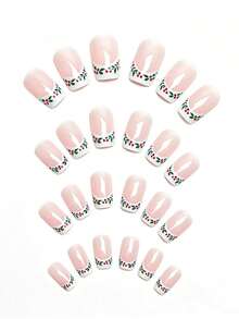 24pcs Medium Glossy Willow Leaf Pattern Pink Tone Press-On Nails, Removable And Reusable Nail Tips, Ready-To-Wear Nail Stickers For Travel, Party, Events And Outings, Boxed Set - Pink - View 7