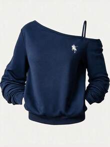 Girls' American Vintage Asymmetrical Shoulder Long Sleeve Sweatshirt, Navy Blue Horse Embroidery Loose Drop Shoulder Pullover Top, Spring/Autumn - Blue - View 6