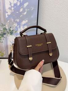 女款 Satchel 手提包，純色荔枝紋人造皮革，金色金屬配件與寬肩帶，頂部手柄與斜跨設計，復古休閒風，適合女士日常通勤 - 咖啡 - 查看 6