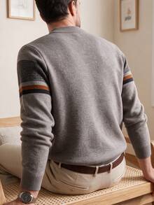 Men's Thick Round Neck Sweater, Business Casual Jacquard Knit Long Sleeve Top, Versatile Layering Piece, Plaid & Striped Pattern, Autumn/Winter - Light Grey - View 6