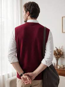 Men's Crew Neck Solid Colored Knit Sweater Vest, Autumn/Winter - Burgundy - View 7