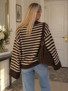 MORI Fall Winter Women Sweaters Elegant Casual Y2K Brown Striped Mock Neck Wide Bell Sleeve Drop Shoulder Oversized Loose Knit Pullover Top - Brown - View 10