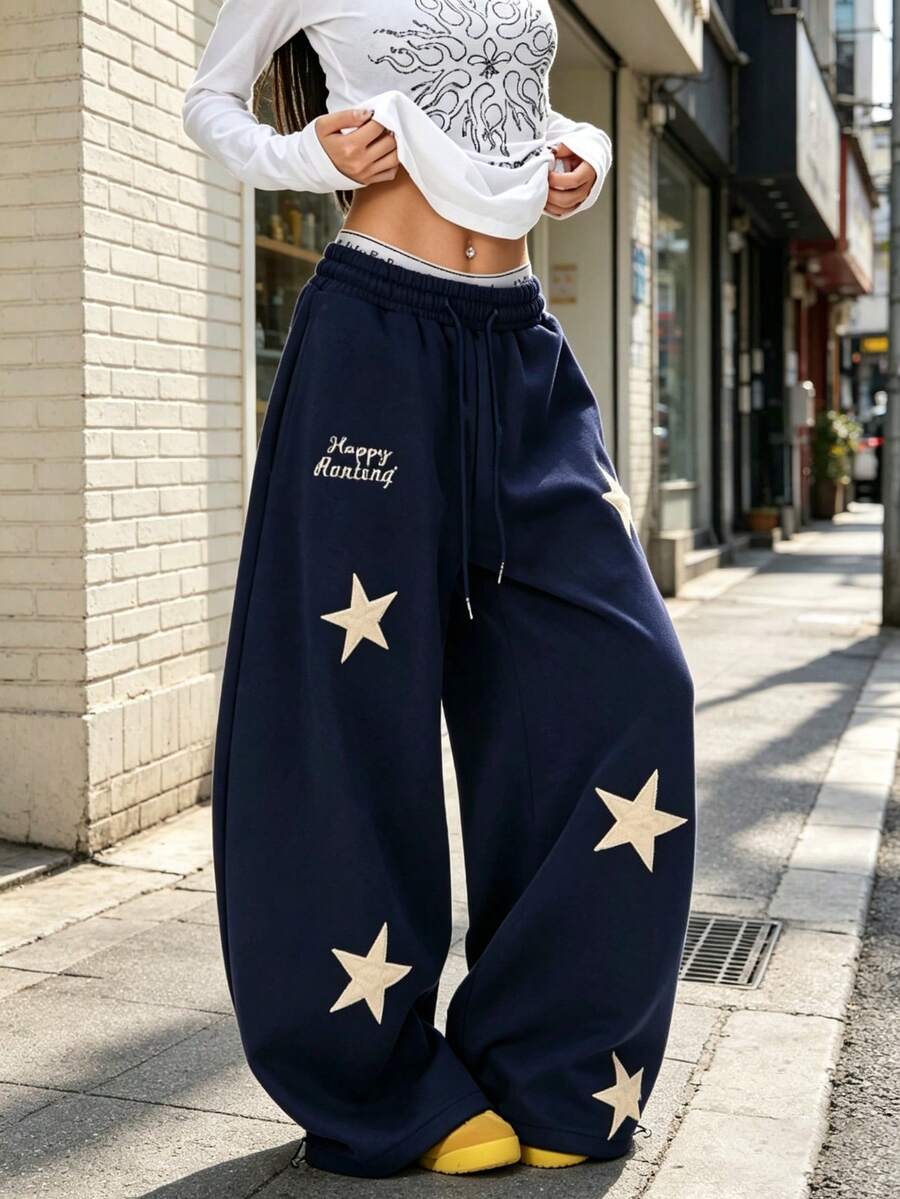 Women's Star Print Drawstring Pocket Sweatpants, Casual Loungewear Pants, Suitable For Running, Cycling, Fitness, Travel, All-Season Loose Fit - Navy Blue - View 1