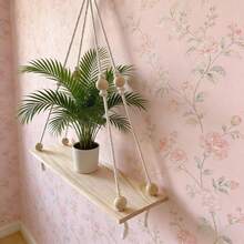 1pc Bohemian Style Macrame Wall Hanging With Wooden Board And Tassels, Handmade Woven Minimalist Shelf Wall Decor - Without Plants And Accessories - Beige - View 7