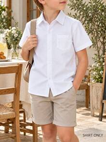 Young Boy Classic College Style Pocketed White Short Sleeve Shirt For Formal Events, Parties, Performances - White - View 3