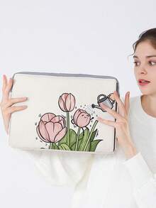 1pc Pink Tulip Print Laptop Sleeve, Shockproof Zipper Notebook Protective Bag, Portable Computer Case For School Office Travel - Multicolor - View 6