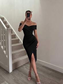 ADYCE Elegant Cold Shoulder Backless Fitted Midi Dress With High Slit Hem, Black - Black - View 1