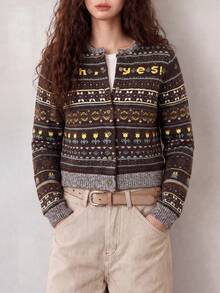 Women's Vintage Knit Letter Pattern Cardigan Sweater, Long Sleeve Round Neck Button Casual Winter Top - Multicolor - View 4