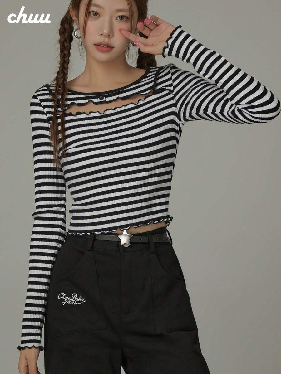 CHUU Striped Hollow Out T-Shirt Women Autumn Contrast Color Frill Trim Long Sleeve Fashion Slimming Short Top - Black and White - View 1