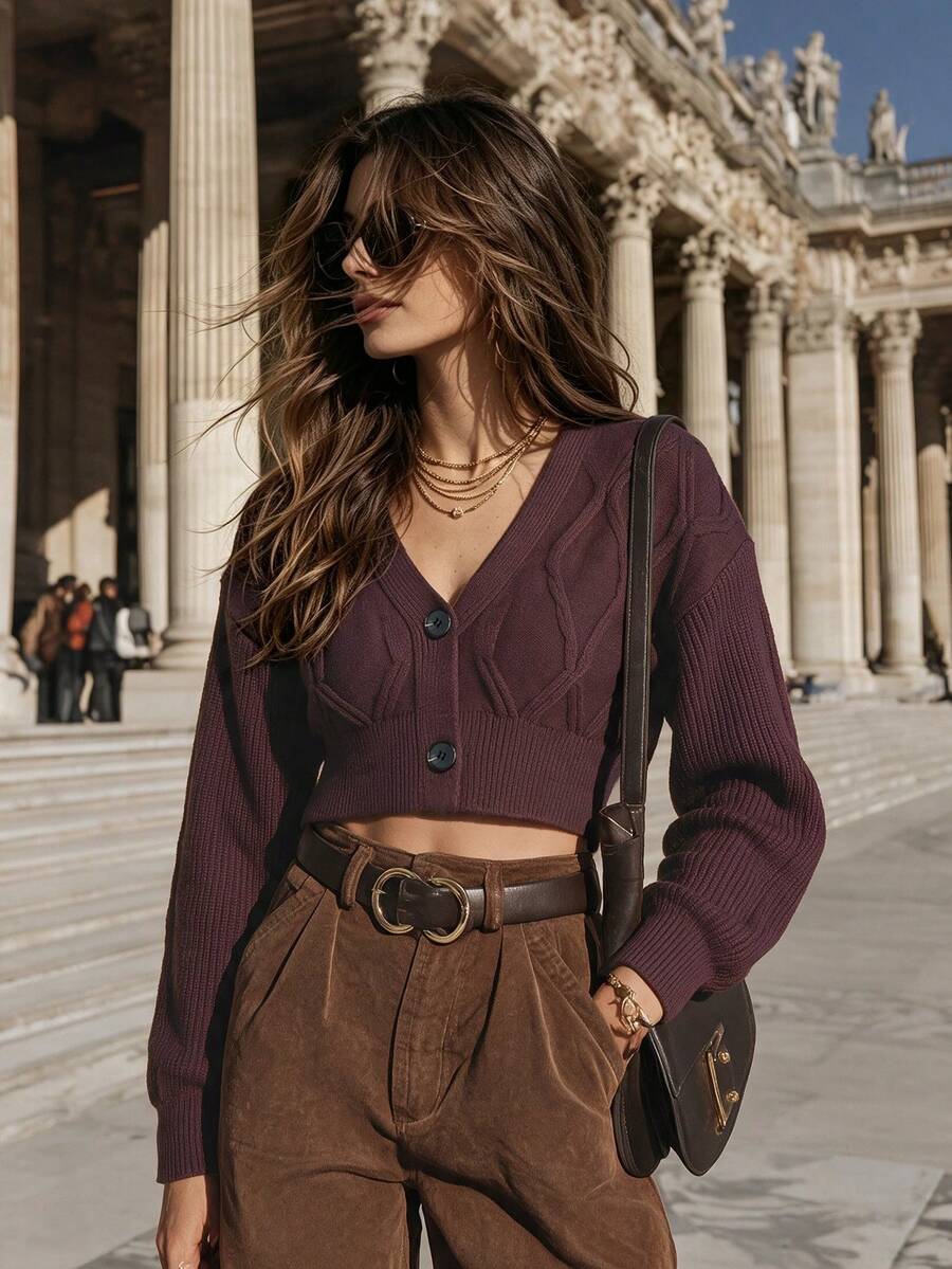 NiceArt Women Fall Winter Solid Color Retro V‑Neck Long Sleeve Argyle Cable Knit Wool Blend Cardigan, Daily Wear Sweater Coat - Burgundy - View 1