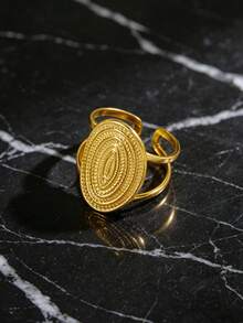 SEEKGLEE 1pc Golden Oval Textured Open Ring, Bohemian Style Stainless Steel Adjustable Finger Ring For Women - Yellow Gold - View 4