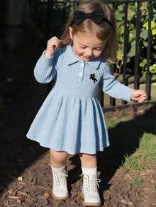 1pc Baby Girl Vintage Preppy Horse Soldier Embroidered Polo Collar Long Sleeve Knit Dress Spring Autumn - Baby Blue - View 1