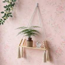 1pc Bohemian Style Macrame Wall Hanging With Wooden Board And Tassels, Handmade Woven Minimalist Shelf Wall Decor - Without Plants And Accessories - Beige - View 9