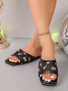 Embroidered Floral Mesh Square Toe Slide Sandals For Women, Flat Fairy Style Summer Outdoor Vacation Slippers - Black - View 5