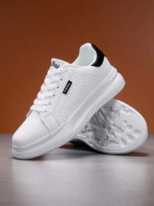 Men's Height-Increasing Breathable Contrast Color Perforated Round Toe Low-Top Lace-Up Thick Sole Street Style White PU Sneakers - Black - View 9