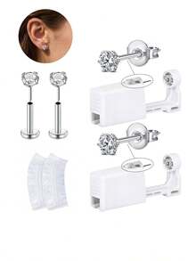2/4/6/8pcs Hypoallergenic Self-Piercing Nose Stud Set, Disposable Nose Piercing Gun With Piercing Tool, Suitable For Cartilage, Tragus, Helix Piercing, Piercing Gun With Piercing Jewelry (Silver With 4mm CZ Diamond) - Multicolor - View 17
