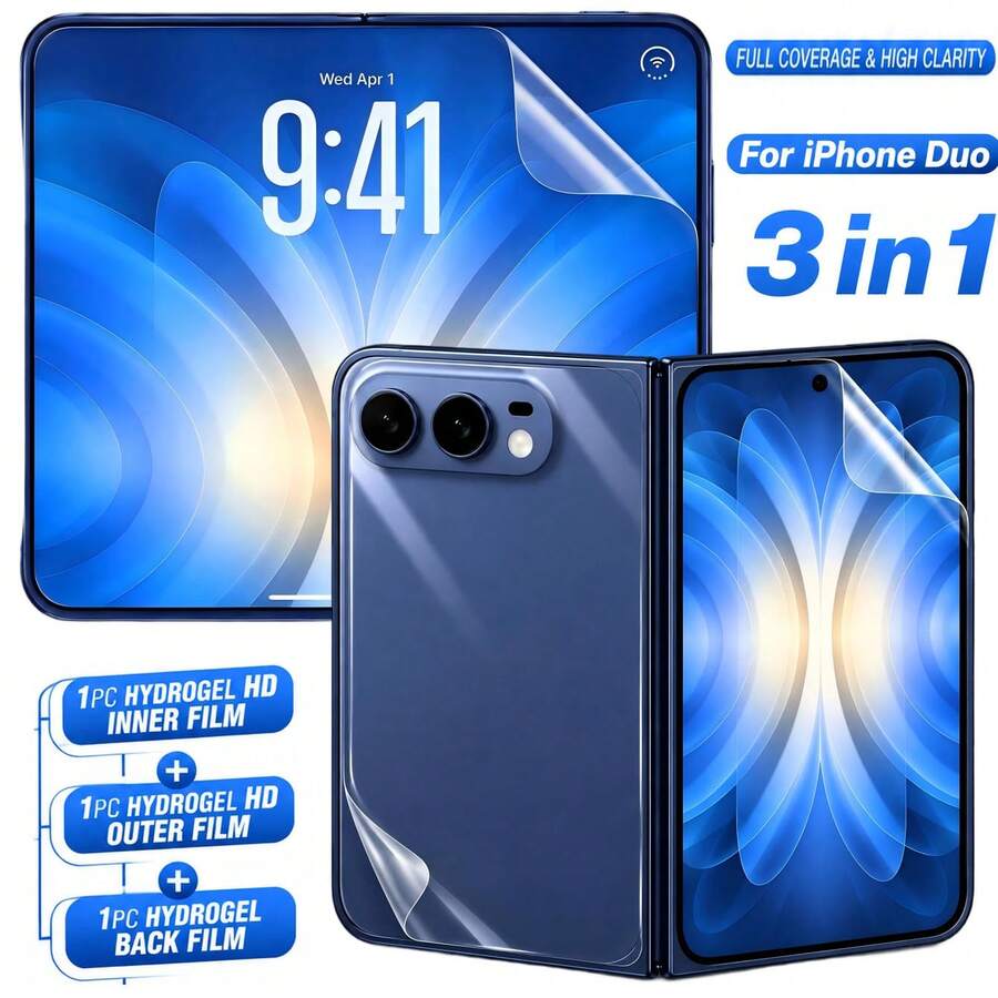 Yezodawee 1+1+1 套裝適用於 iPhone DUO 內層水凝膠膜 + 外螢幕膜 + 水凝膠背膜,防指紋水凝膠膜柔性螢幕保護貼,TPU 材質,支援指紋解鎖,防眩光,防反光,非鋼化玻璃 - 1+1+1 - 查看 1