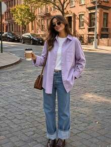 Plus Size Women's Solid Color Pocket Front Button-Down Casual Shirt, Autumn - Mauve Purple - View 5
