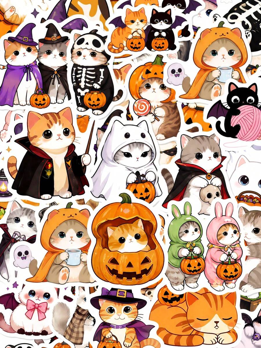 50Pcs Pumpkin Cat Stickers, Cute Cartoon Style, Costumed Kittens With Pumpkin Lanterns, Ghosts, Witch Hats, Capes, Skeletons, Candies, Star Elements, For Journal Collage, Tablet, Notebook, Storage Box, DIY Craft Decoration - Multicolor - View 1