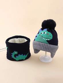 Children's Dinosaur Knit Hat And Scarf 2pcs Set, Autumn/Winter Cartoon Woolen Hat, Baby Ear Protection Hat, Thickened Cute - Multicolor - View 3