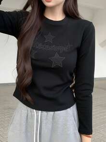 Minimalist Dark Color Star & Gothic Letter Print Cropped Long Sleeve Top, Slim Fit Elastic Spicy Girl Style Basic Layering T-Shirt For Women, Autumn - Black - View 8