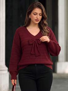 Women's Plus Size Long Sleeve Bow V-Neck Pullover Casual Slouchy Autumn/Winter - Burgundy - View 7
