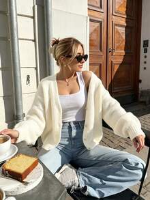 Women's V-Neck Short Knit Cardigan, Long Sleeve Button Front Sweater, Soft Elegant Autumn/Winter Knit Top, Suitable For Women's Daily, Office, Date Wear - Cream - View 1