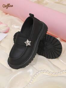 1 Pair Black Girls' Rhinestone Star Decor PU Material Round Toe Low-Top Slip-On Thick Sole Chunky Heel British Style Loafers Suitable For School, Daily Wear And Party - Black - View 5