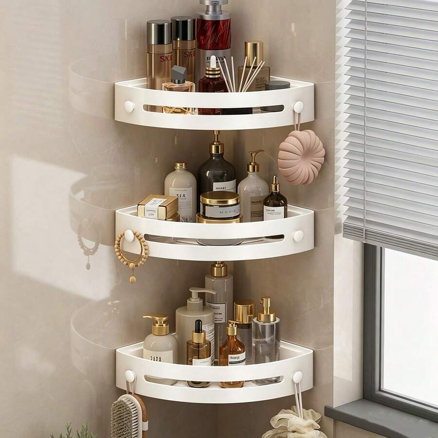 2/3pcs Rust-Proof Plastic Corner Shower Caddy - Wall-Mounted Bathroom Storage Rack, Curved Design, Suitable For Shampoo, Cosmetics And Toiletries, Space-Saving For Small Bathrooms, Perfect For Bathroom Storage And Organization