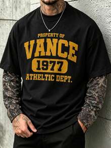 Krometka 男士美式復古 VANCE 1977 字母印花 2 合 1 長袖 T 恤，葉子迷彩拼接寬鬆落肩圓領上衣 - 黑色 - 查看 7