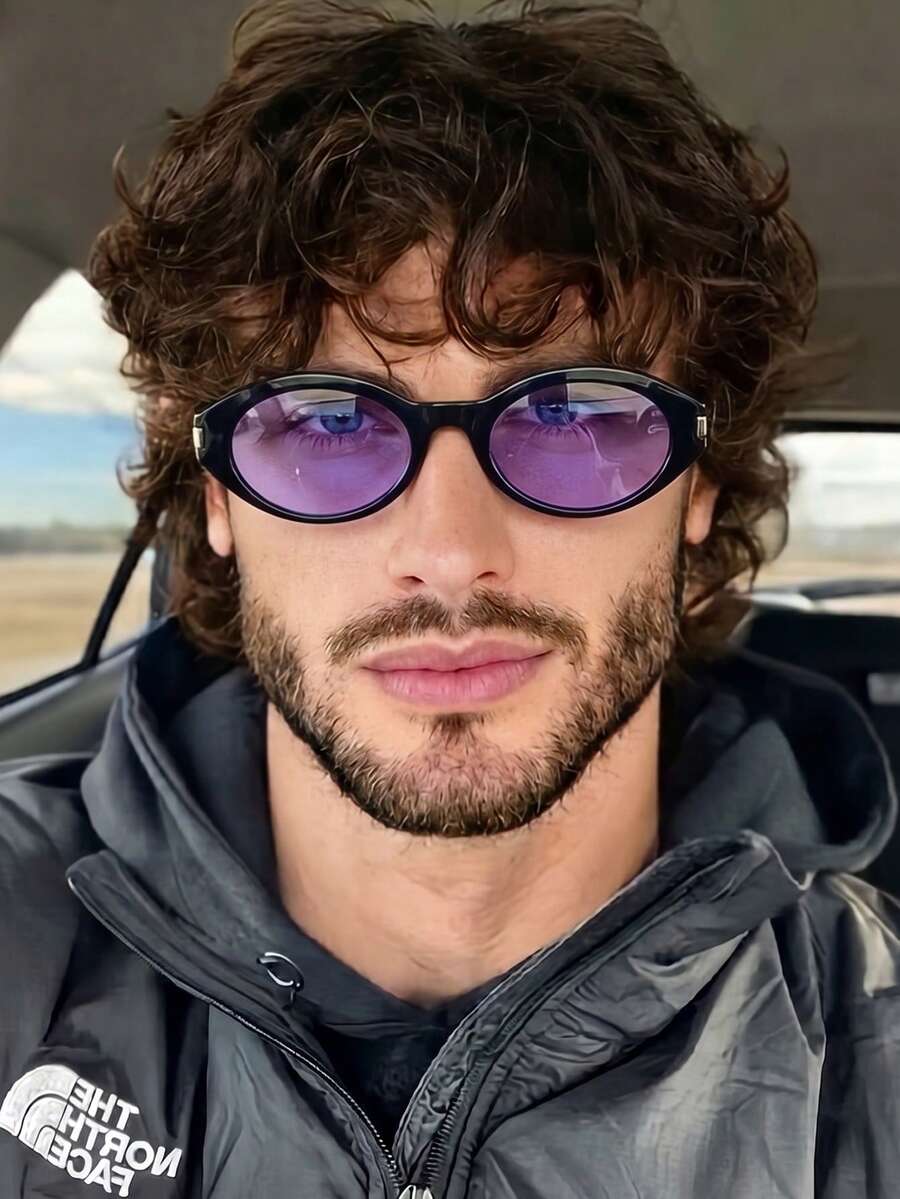 1 Pair Men's Personalized Rivet Oval Driving Fishing Fashion Glasses - Glossy Black Purple - View 1