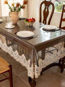 1pc Transparent PVC Lace Embroidered Trim Tablecloth, Table Mat, Stain-Resistant, Anti-Dirt, Dining Table Side Cabinet Decorative Tablecloth - Champagne - View 2