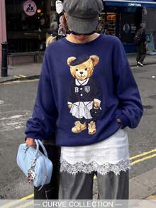 Plus Size Long Sleeve Teddy Bear Sweatshirt, College Style Design, Comfortable Crew Neck Pullover For Daily Wear - Navy Blue - View 3
