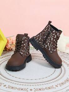 Sepatu Bot Pendek Anak Perempuan Terbaru Musim Gugur/Dingin, Motif Pita Perak di Seluruh Permukaan, Desain Blok Warna, Resleting Samping + Tali, Sol Tebal Anti Selip - Coklat - View 3
