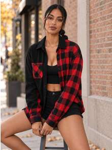 Women's Red And Black Plaid Patchwork Button Front Shirt With Chest Pocket, Long Sleeve Collared Casual Top - Black - View 9
