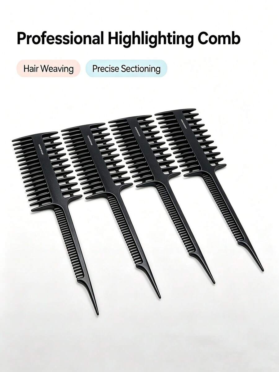 4pcs Hair Dye Comb Set, 3-In-1 Multifunctional Highlighting Comb, Braiding Comb, Salon Sectioning Tool, Carbon Fiber Highlighting Sectioning Comb, Unisex Plastic Hair Dye Comb, Professional Styling Hair Comb Braiding Comb Easily Create Stunning Hairstyles, Essential Tools For Hairdressing, Hair Dyeing, Braiding - Black - View 1