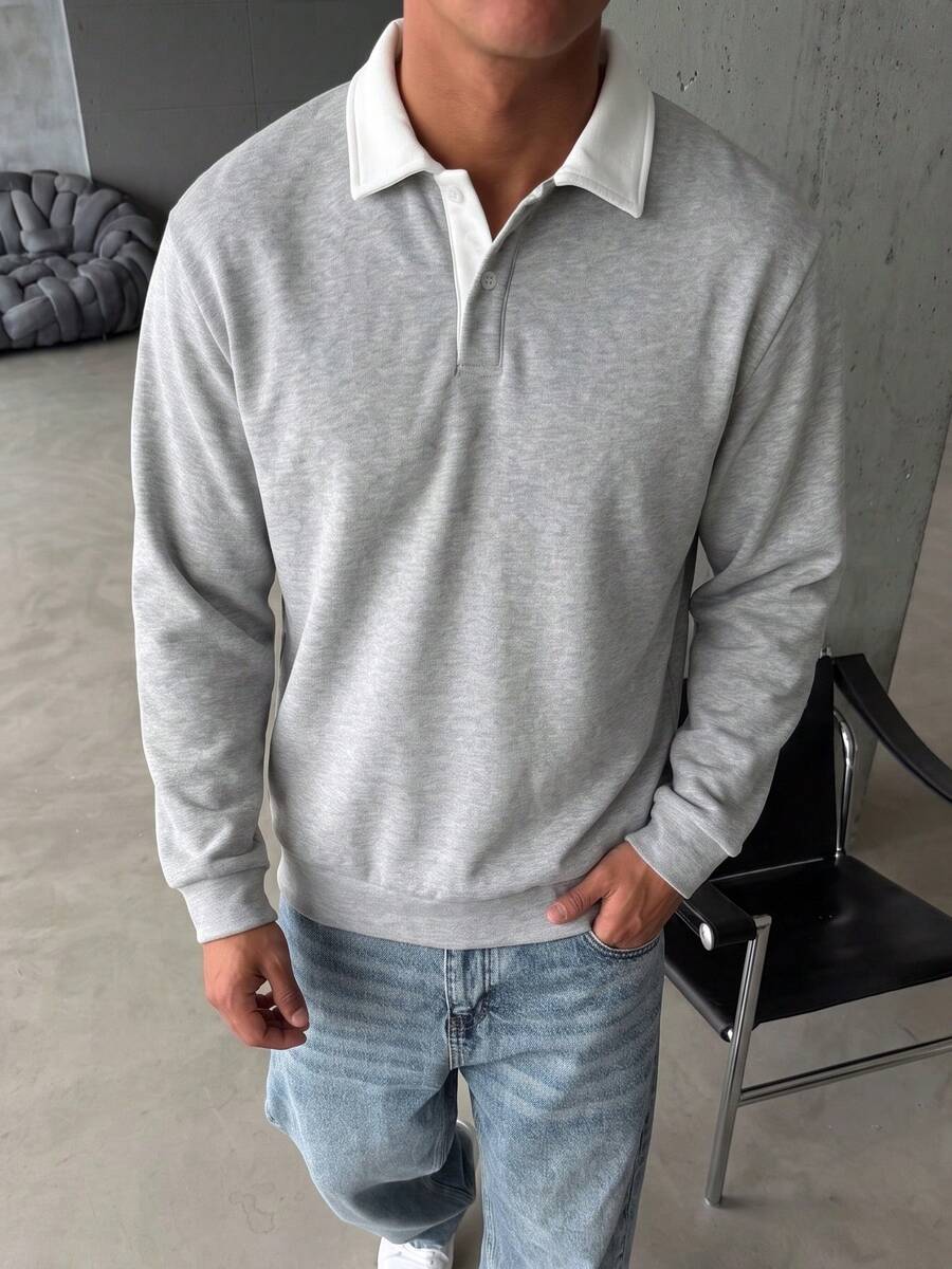 YUNCHIC Light Gray Contrast Collar Men's Thermal Lined Long Sleeve Sweatshirt, Retro College Style Turn Collar Button Casual Versatile Pullover Top - Light Grey - View 1