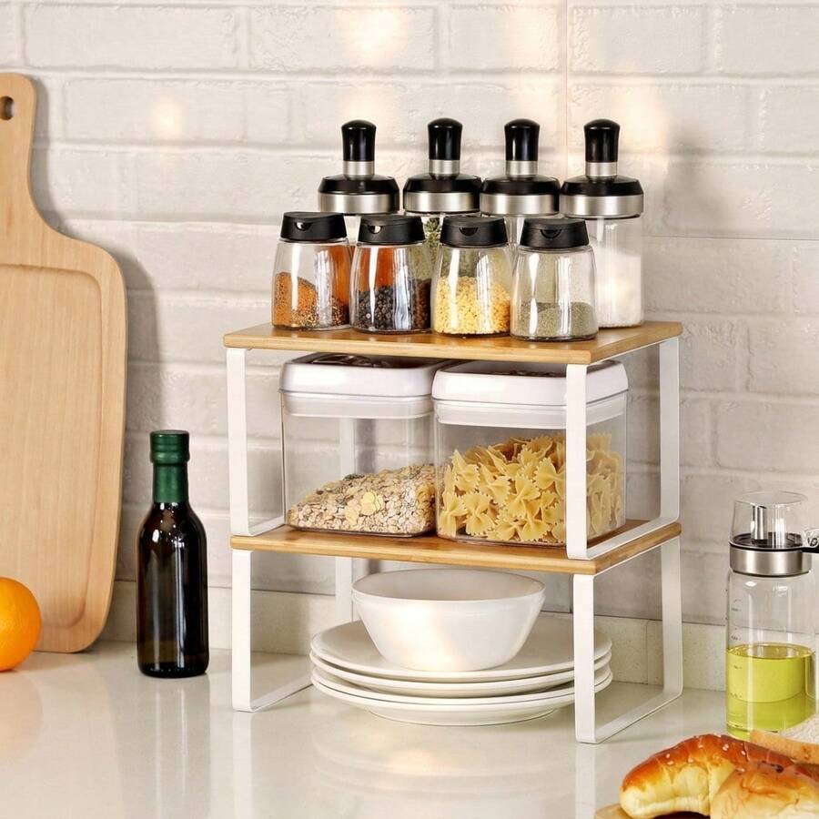 SONGMICS Kitchen Organizer, Set Of 4 Kitchen Shelves, For Cabinet Storage, Stackable, Expandable, Metal And Engineered Wood, White And Natural - Beige - View 1