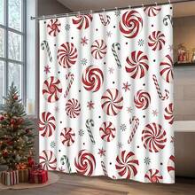 1/4pcs Christmas Candy Cane & Snowflake Pattern Shower Curtain Set With 12 Hooks, Polyester Fabric Bathroom Decor, Machine Washable Holiday Shower Curtain, Suitable For Winter Wonderland Theme, Easy Installation - A - View 11