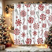 1/4pcs Christmas Candy Cane & Snowflake Pattern Shower Curtain Set With 12 Hooks, Polyester Fabric Bathroom Decor, Machine Washable Holiday Shower Curtain, Suitable For Winter Wonderland Theme, Easy Installation - A - View 22