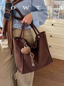 low tea 1pc Minimalist Suede Fabric Shoulder Tote Bag, Suitable For Commuting, Shopping, Etc. (With Pendant) - Coffee - View 11