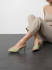 Peep Toe Stiletto Mule Sandals, Plus Size Wide Fit Minimalist Elegant High Heel Slippers For Outdoor Wear - Green - View 6
